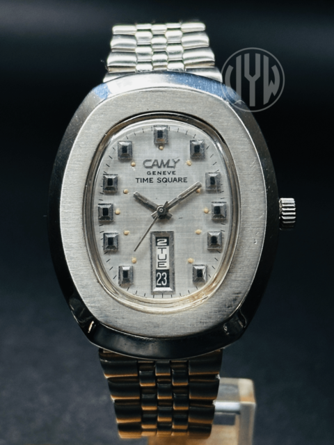 Rare Vintage Camy Geneve Time Square 17 Automatic Jewels Day/Date Silver Dial Swiss Made Men's Wrist Watch
