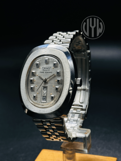 Rare Vintage Camy Geneve Time Square 17 Automatic Jewels Day/Date Silver Dial Swiss Made Men's Wrist Watch - Image 5