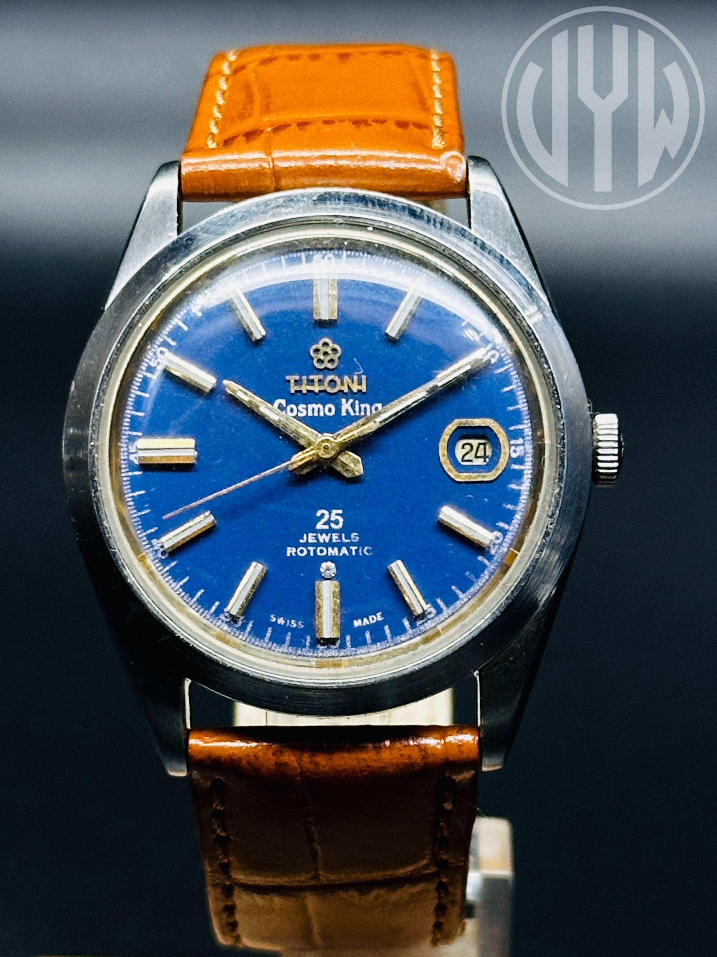 Rare Vintage Titoni Cosmo king Rotomatic 25 Jewels Blue Dial Only Date Swiss Made Men’s Wrist Watch