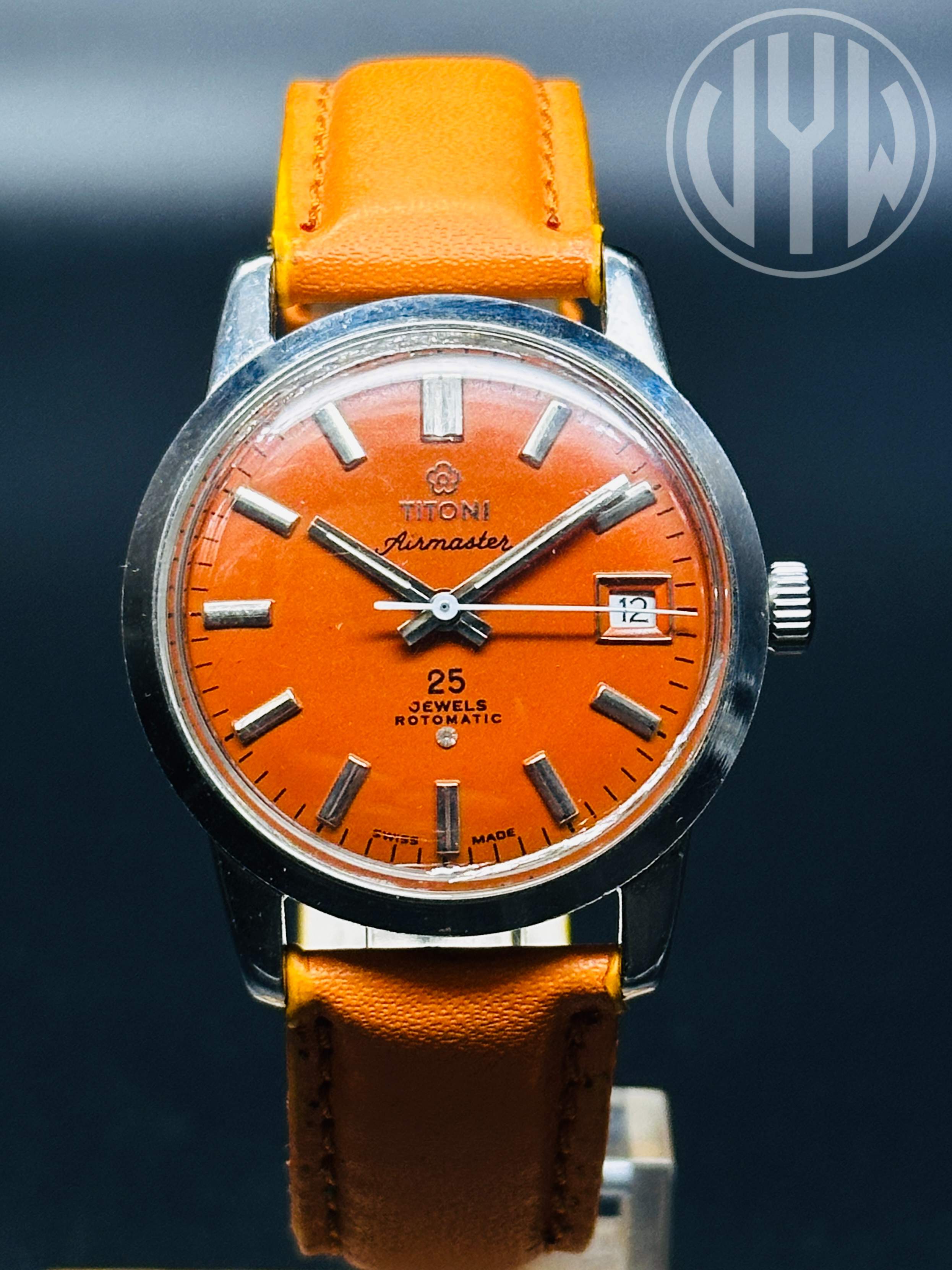 Vintage Titoni Airmaster Rotomatic 25 Jewels Orange Dial Only Date Swiss Made Men’s Wrist Watch